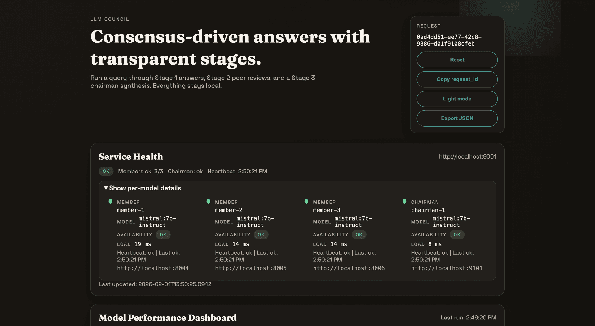 LLM Council UI overview with health and run controls