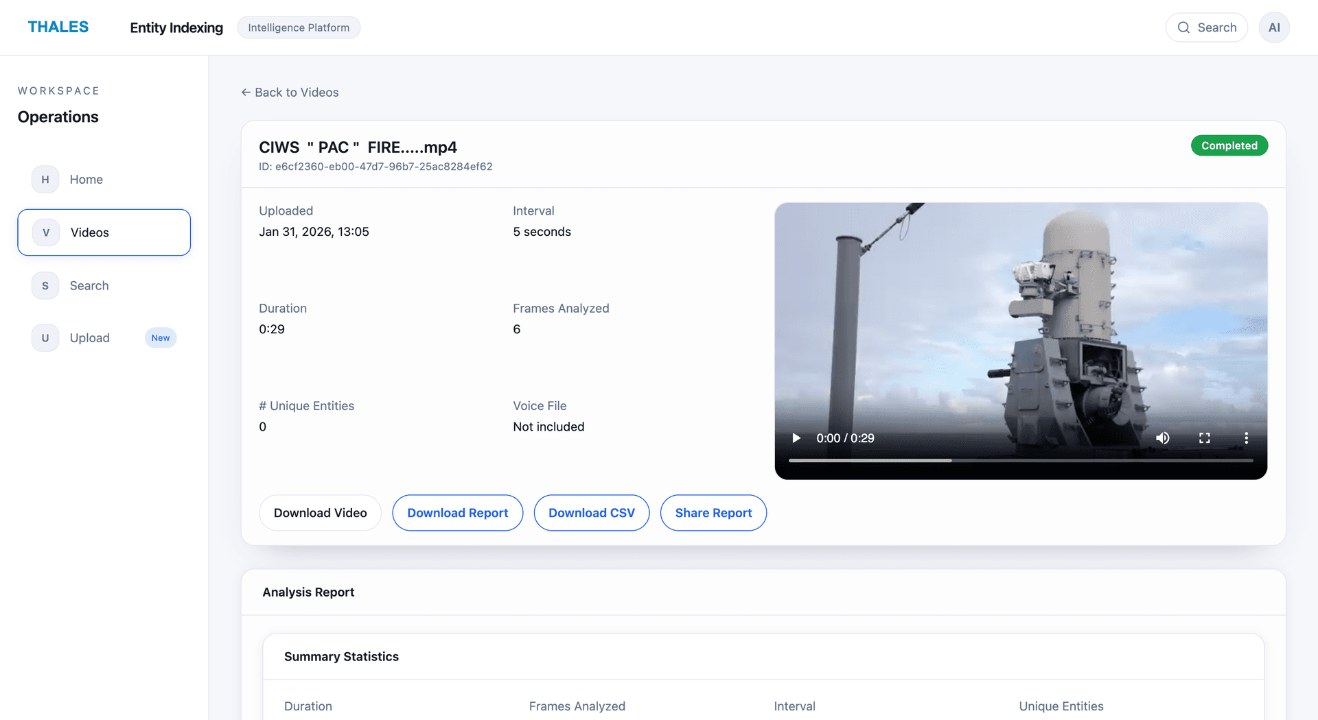 Video report view with media preview and export actions